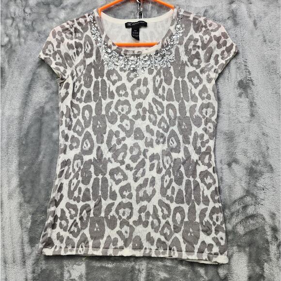 INC Top Womens P/P PETITE Gray Animal Print Embellished Neckline Jewels Stretch - Picture 1 of 8